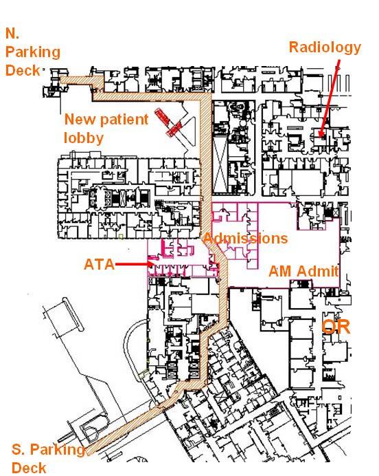 Potential benefits of modified patient flow: Equidistant location from North Parking Deck, South Parking Deck and front entrance Good visibility from main circulation paths and