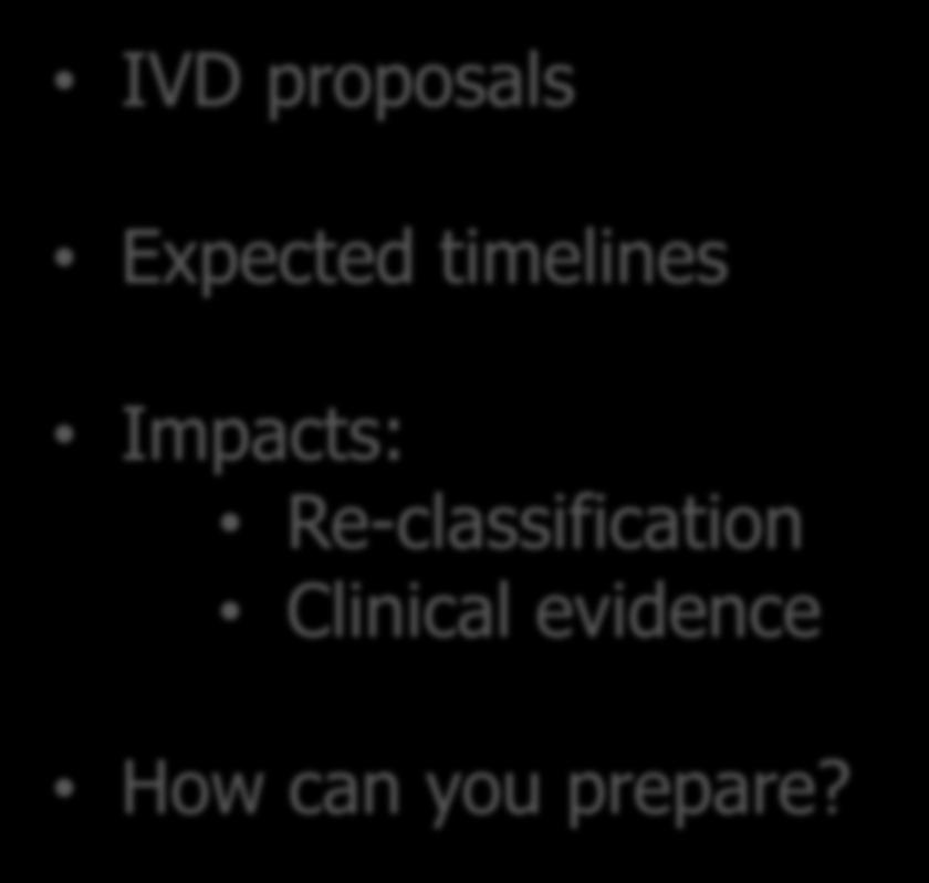 Content IVD proposals Expected timelines Impacts: Re-classification