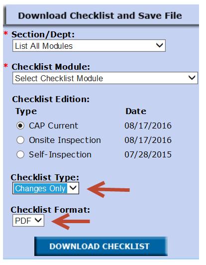 Checklist Download: e-lab Solutions Checklist Type Options: Master Custom Changes Only Checklist