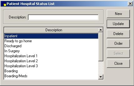 Electronic Whiteboard Setup Patient Hospital Status Select Lists > Patient Hospital Status to open the Patient Hospital Status List window.
