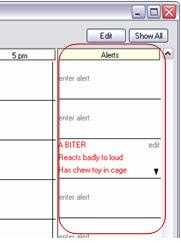 entered on the Patient Check-in/out window Alerts manually entered on the Whiteboard window If more than three alerts exist for a patient, a down arrow displays in the block to indicate there are