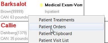 You can access patient orders from the Patient Clipboard (shown below left), as well as from the main Whiteboard window (below right).