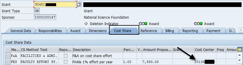 Cost Share Process in SAP When a new Grant with a cost share obligation is created, the Cost Share Cost/Funds Center (10136XXXXX) will be setup.