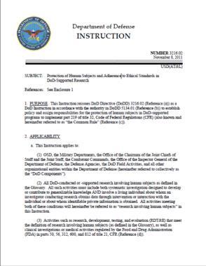 Human Subjects Protection Requirements for DoD-Supported Research DoD Instruction (DoDI) 3216.