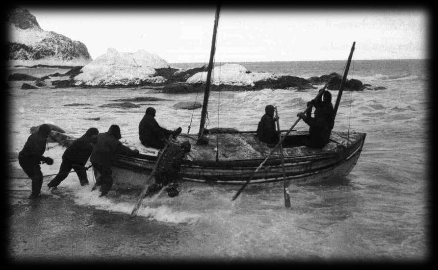 Rescue! Shackleton picked Tom Crean and four of his fittest and strongest men to make a 1300km journey across open seas in the lifeboat James Caird to a whaling station on South Georgia island.