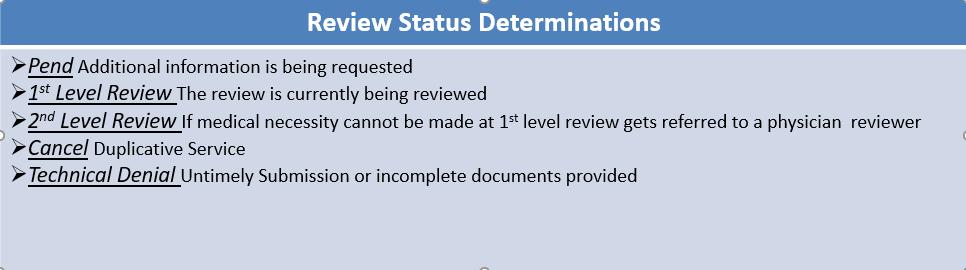 1 st Level review 2 nd Level Review Nurses conduct 1 st Level reviews. They check to make sure required administrative criteria are present and assess clinical information for Medical Necessity.
