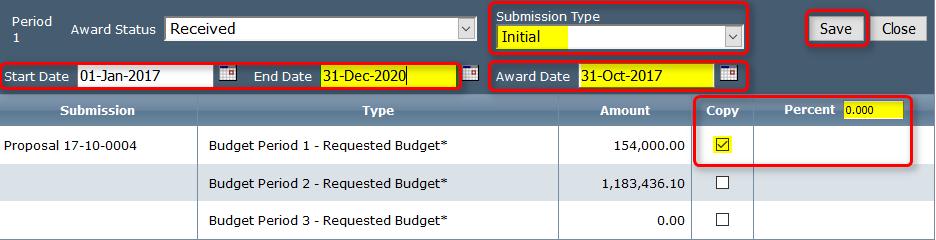 7. In the New Period window, complete the following fields: Submission Type = TBD Start/End Dates = Authorized