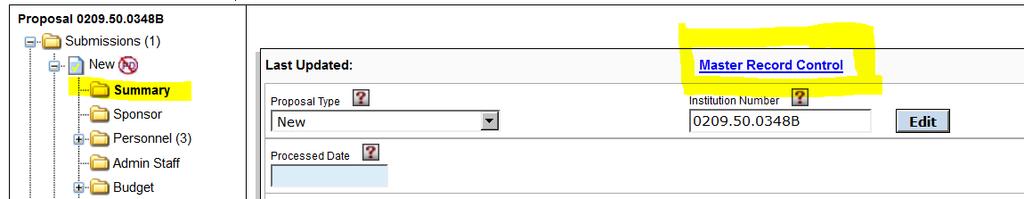 In the Master Record Migration Details form, input the master proposal that the currently selected proposal should become a child to. 3. Then click on the save icon. In the example above, 0209.50.