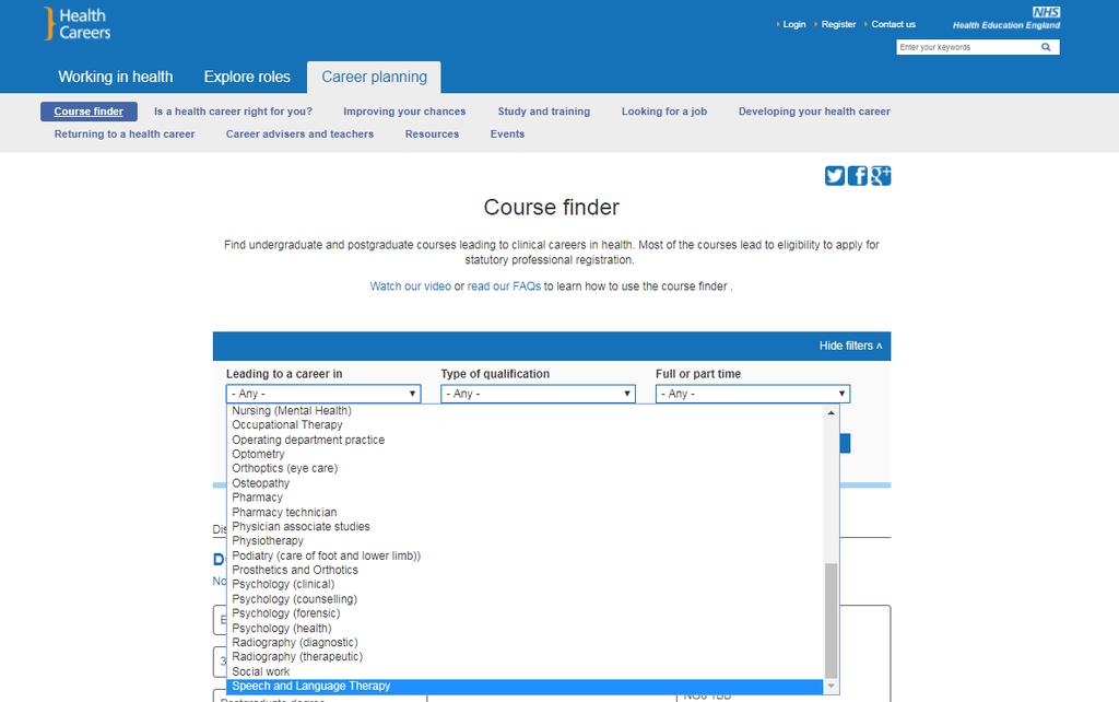 Health Careers website - course finder Select career area www.