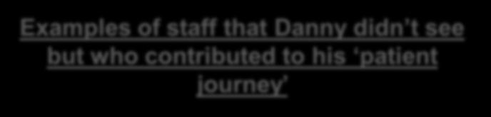 Staff that Danny saw Examples of staff that Danny didn t see but who contributed to his patient journey paramedic emergency care assistant porter receptionist triage nurse emergency medicine doctor