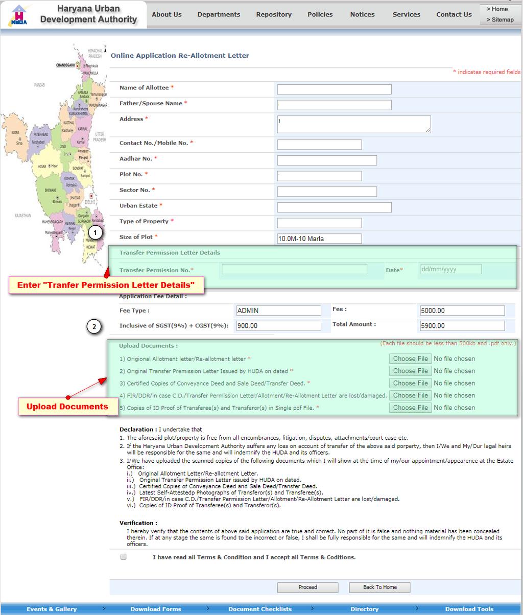 3.5.7 Re-Allotment Letter (Through Allottee/ Within Family/Through GPA) Select Appointment Time Slot Enter transfer permission details and upload required documents Click