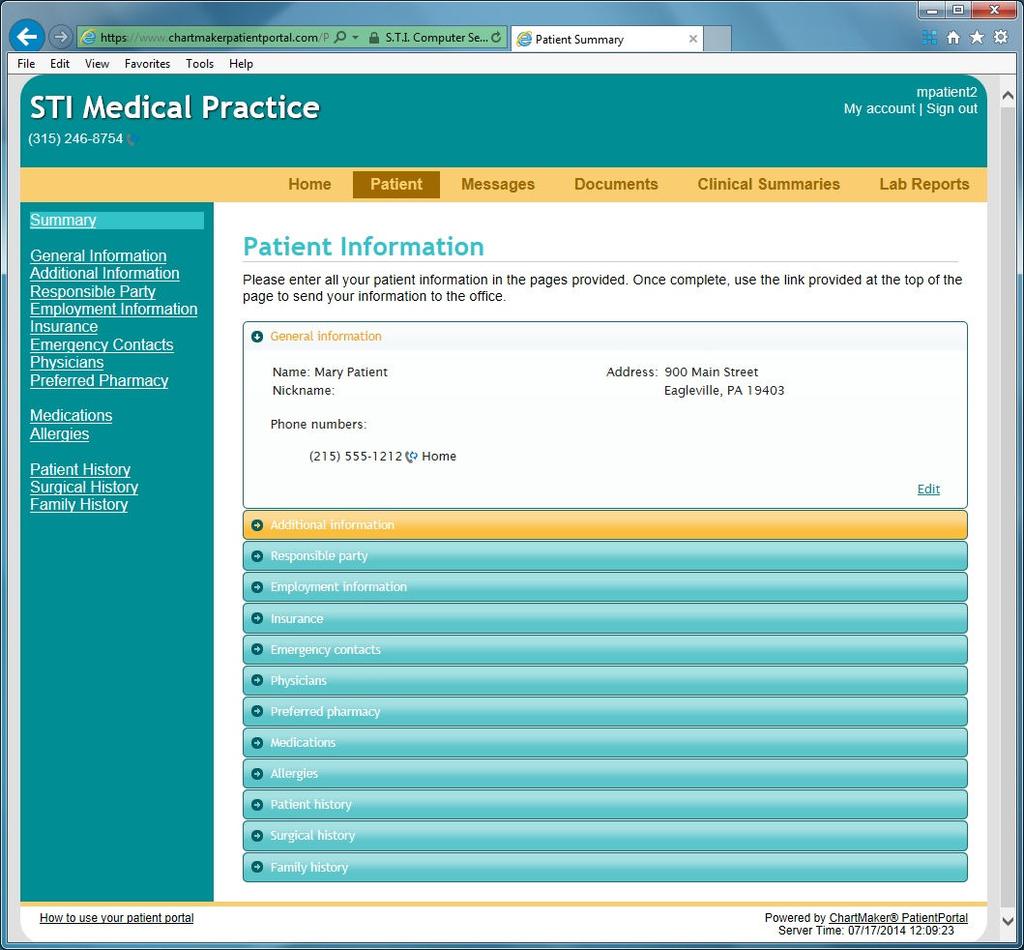 Patient: Patients will be able to modify their demographic and medical information from this page.