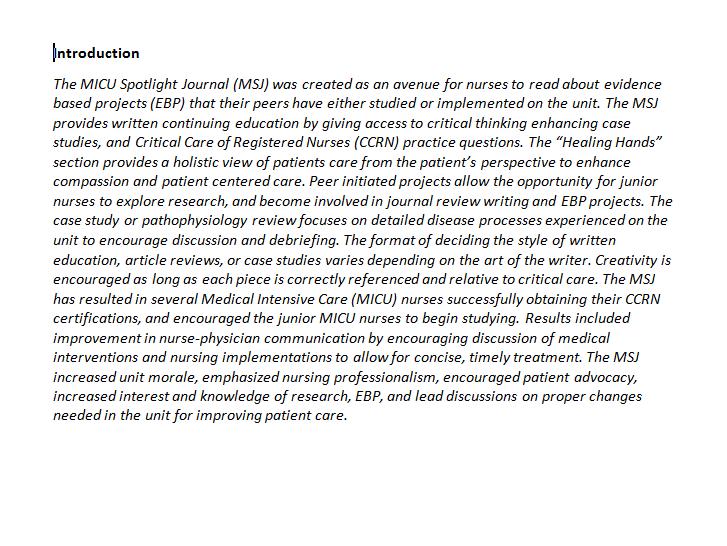 Evidence Based Practice Quality Improvement Award Abstract Example