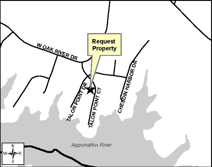 CHESTERFIELD COUNTY, VIRGINIA Magisterial District: MATOACA The subject parcel (zoned A) and an adjacent lot in the Eagle Cove subdivision (zoned Residential (R-15)) are under one ownership.