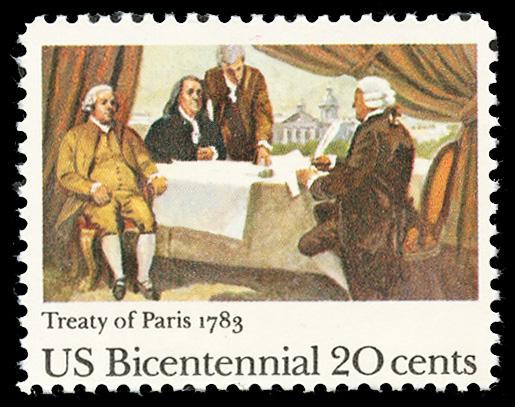 The stamp shown commemorates the signing of both the treaties of Versailles and Paris, which officially ended the war of Independence in 1783.