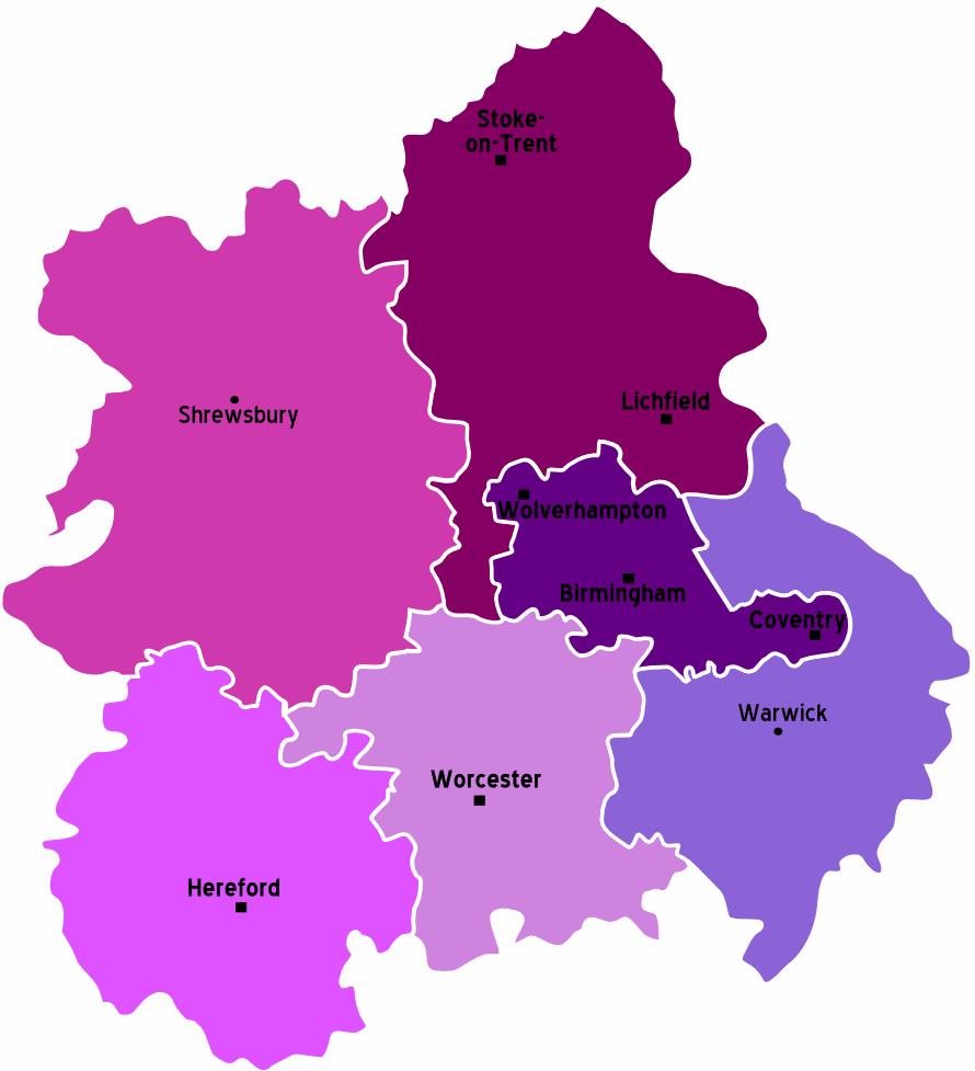 West Midlands Transition Region Telford & Wrekin, Shropshire, Stoke-on-Trent, Staffordshire, More Developed Region Birmingham, Solihull, Coventry, Dudley, Walsall,