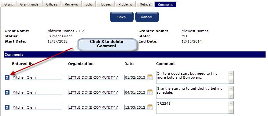 4.47 Deleting Grant Comments To delete a Grant Comment in SHARES the user must first open the desired Grant using the same controls described in section 4.11 to update a Grant.