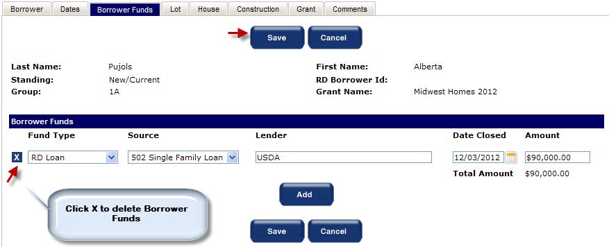 4.51 Deleting Borrower Funds To delete Borrower Funds in SHARES the user must first open the desired Borrower using the same controls described in section 4.11 to update a Borrower.