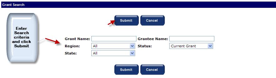 The user next can enter one or more filtering criteria into the Grant Search screen of Grant Name, Grantee Name, select a Region from the drop down list, select a Grant status from the drop down list