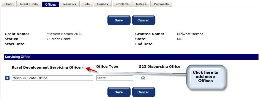 4.13 Adding and Updating RD Offices that service a Grant To add or update an RD Office that services a Grant the user must first open the desired Grant using the same controls described in section 4.