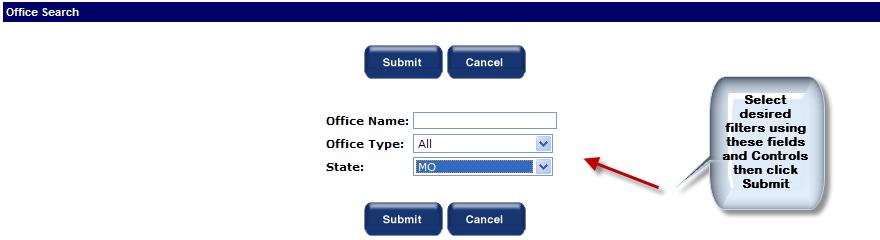 The user will then be presented with the Office Search screen and should use the fields