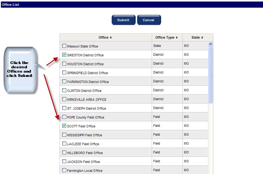 Once the matching list of Offices the user should click the checkboxes on the left