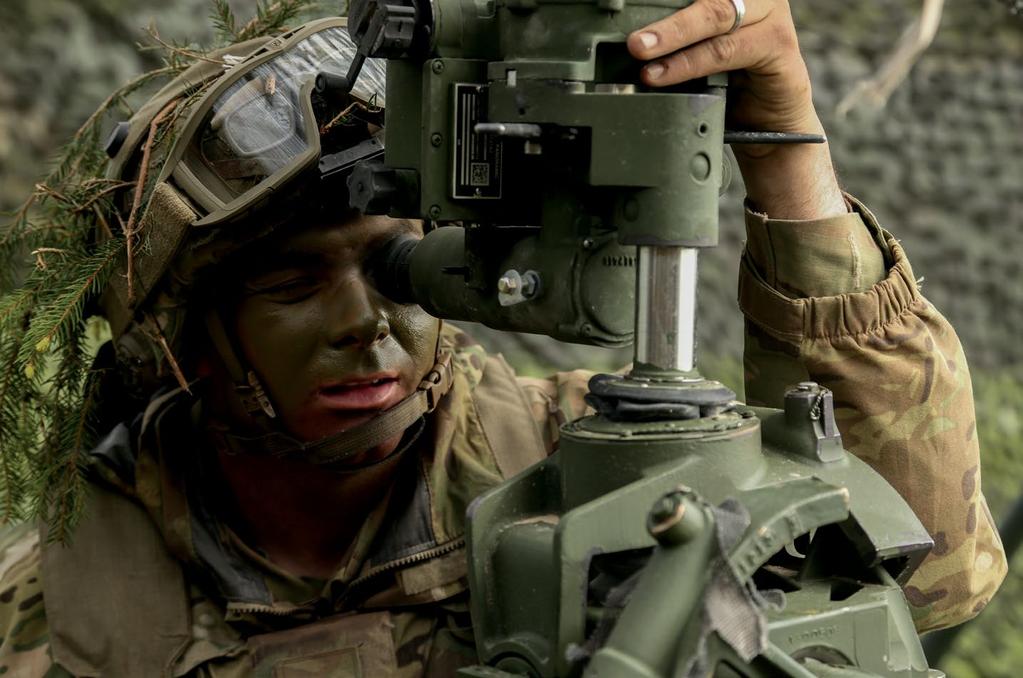 Soldier, assigned to 2 nd Cavalry Regiment, adjusts aim of M777 towed 155mm howitzer, while conducting simulated call for fire missions during Saber Junction 17, at Hohenfels Training Area, Germany,