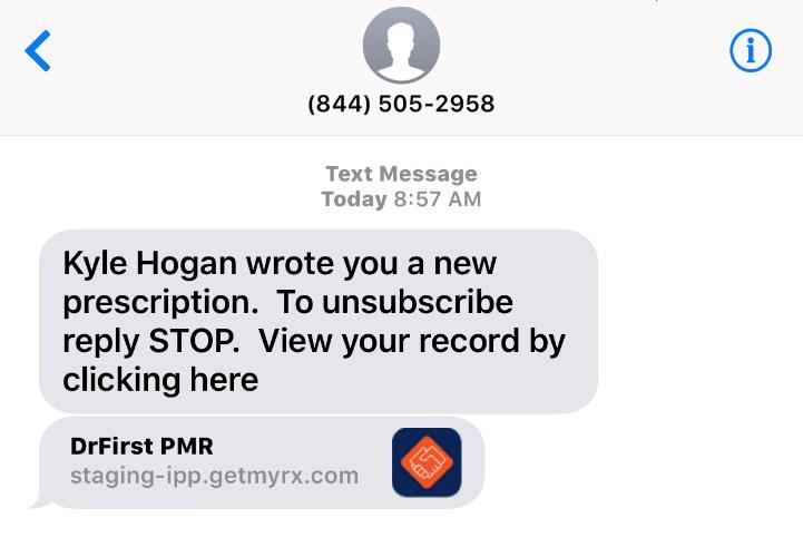 In this text message, the patient will receive a link to their Personal Medication Record.