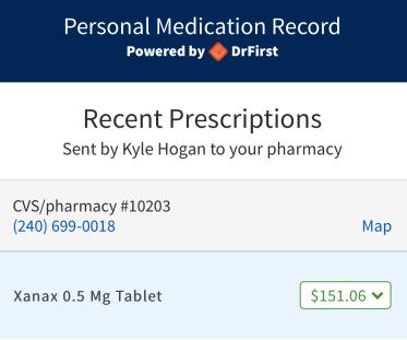 6. Patients can view Recent Prescriptions sent by the provider. They will have access to the pharmacy phone number and can get directions to the pharmacy instantly by selecting Map.