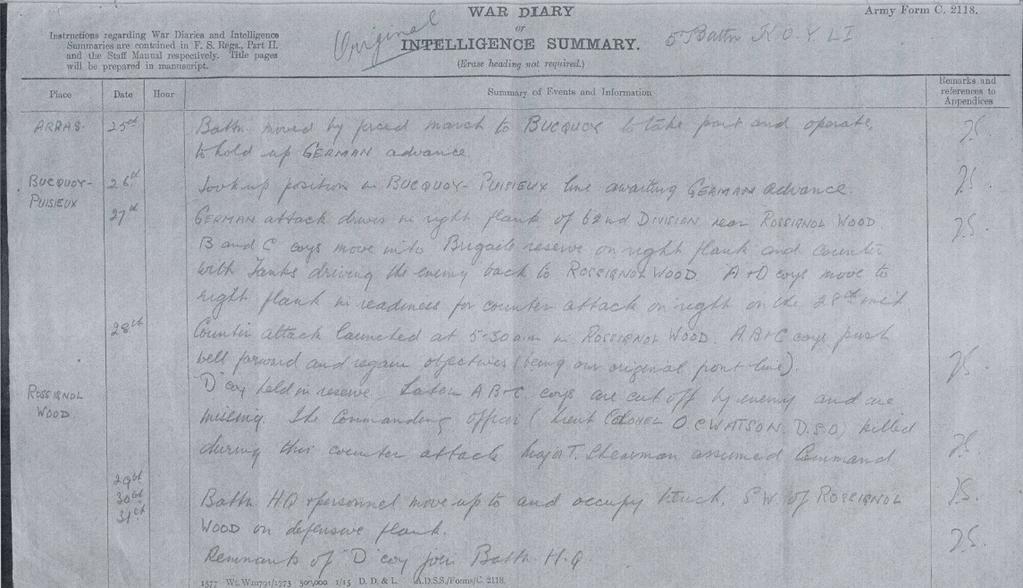 Unit War Diary of 5th Battn Kings Own Yorkshire Light Infantry (KOYLI): Arras 23rd MAR 1918