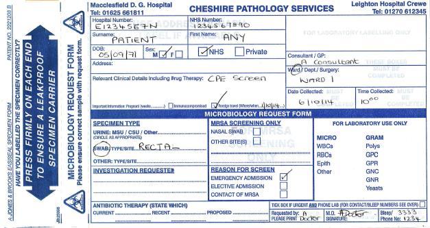 Confirm patient details on the pathology request card with the patient, or against patient s ID band. Put on non-sterile examination gloves and plastic apron to collect specimen.