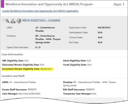 Grants: Once types of grants are added to this section, such as the indicated Incumbent Worker Grants, staff can click the Add link to add a related grant (as shown in the figure above).