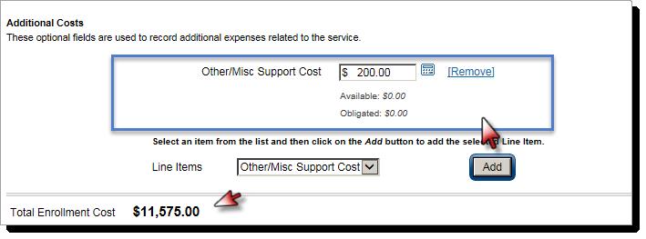 Review the Unit Cost and the # of Units values, and make any needed changes. Click the Add button to add other support costs, if needed.