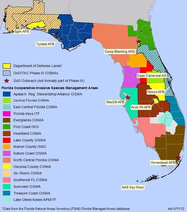 Sustainable Cooperative Invasive Species Management Areas (CISMAs) for Effective Management on Military Bases and Adjacent Lands across Florida (Legacy 11-437) Abstract This Department of Defense