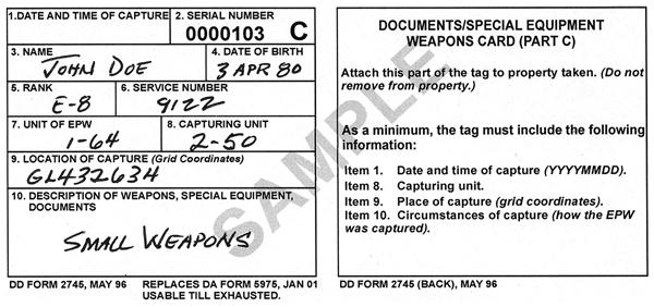Stability Note. Enemy medical equipment is never destroyed. Figure 5-1. Sample tag for captured documents and equipment CIVIL AFFAIRS UNITS AND PSYCHOLOGICAL TASKS 5-89.