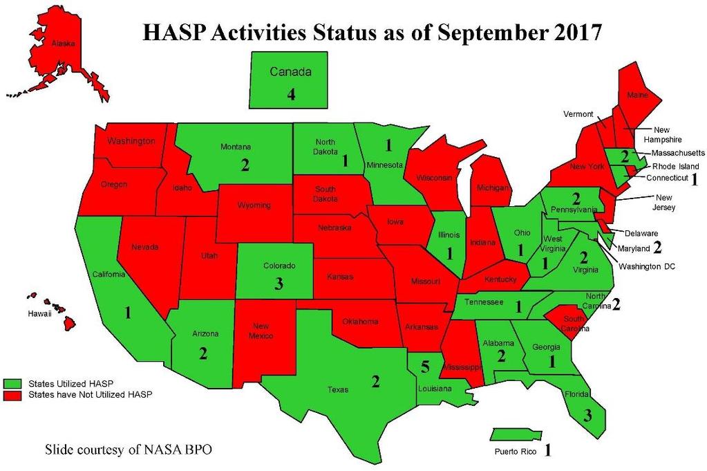 Many individual experiments have flown on HASP over the years HASP was flown twelve (12) missions from 2006 through 2017.