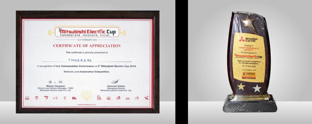GTU CiC3 Tinkers Team secure 4th National Rank in Mitsubishi Electric Cup 2018. In National Level Competition for Factory Automation Mitsubishi Electric Cup 2018 was held 16th -17th February 2018.
