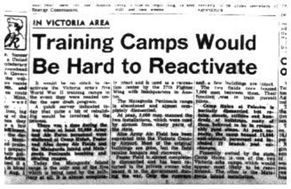 Wolff 5 First indications there might be some local interest in the reactivation of Foster Field was hinted at in an article in the Victoria Advocate on July 9, 1950, only days after North Korea s
