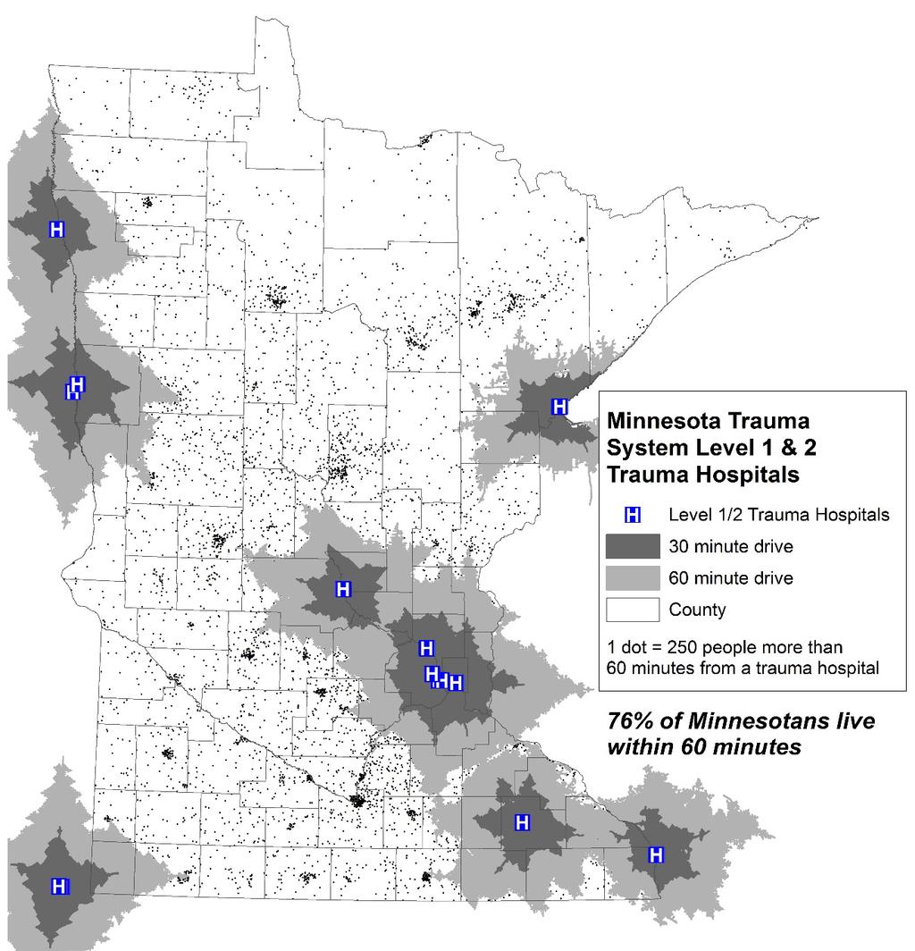 Drive Times to Designated Level 1 & 2 Trauma Hospitals and Minnesota Population Distribution 3 Most Minnesotans live within 60 minutes of a Level 1 or 2 trauma hospital.