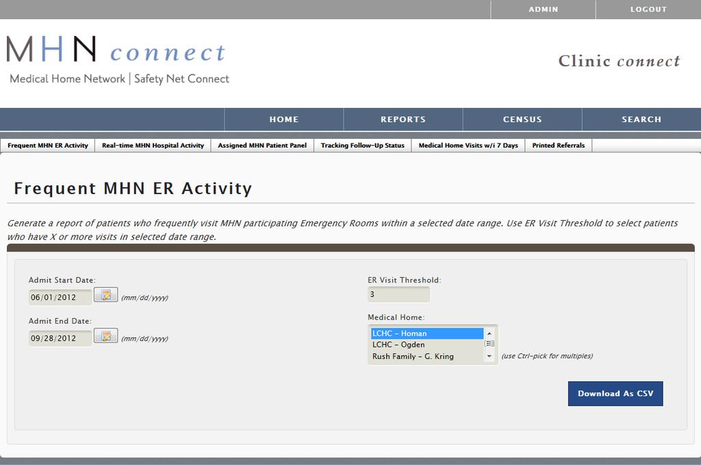 17 Clinic Connect: Frequent MHN ER Activity Report Select the Date Range, ER Visit Threshold