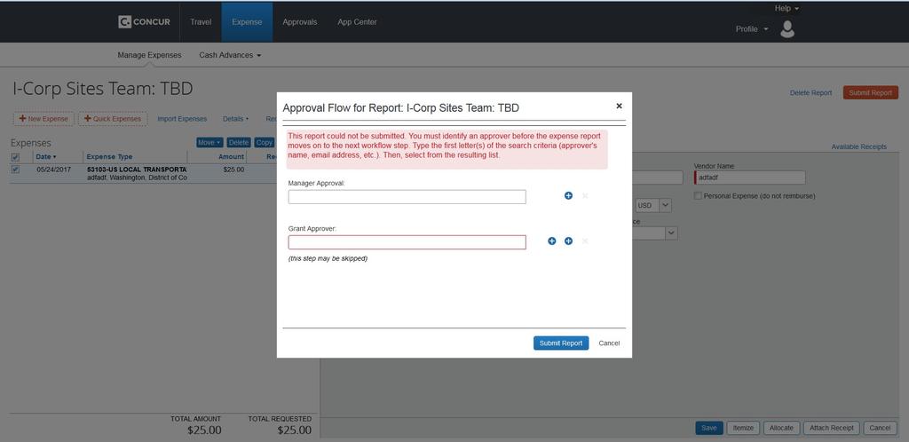 Step 7: When report is completed with all receipts attached: (1) Click Details (in the top middle) (2) Select Approval Flow (3) Press the (+) button until you have