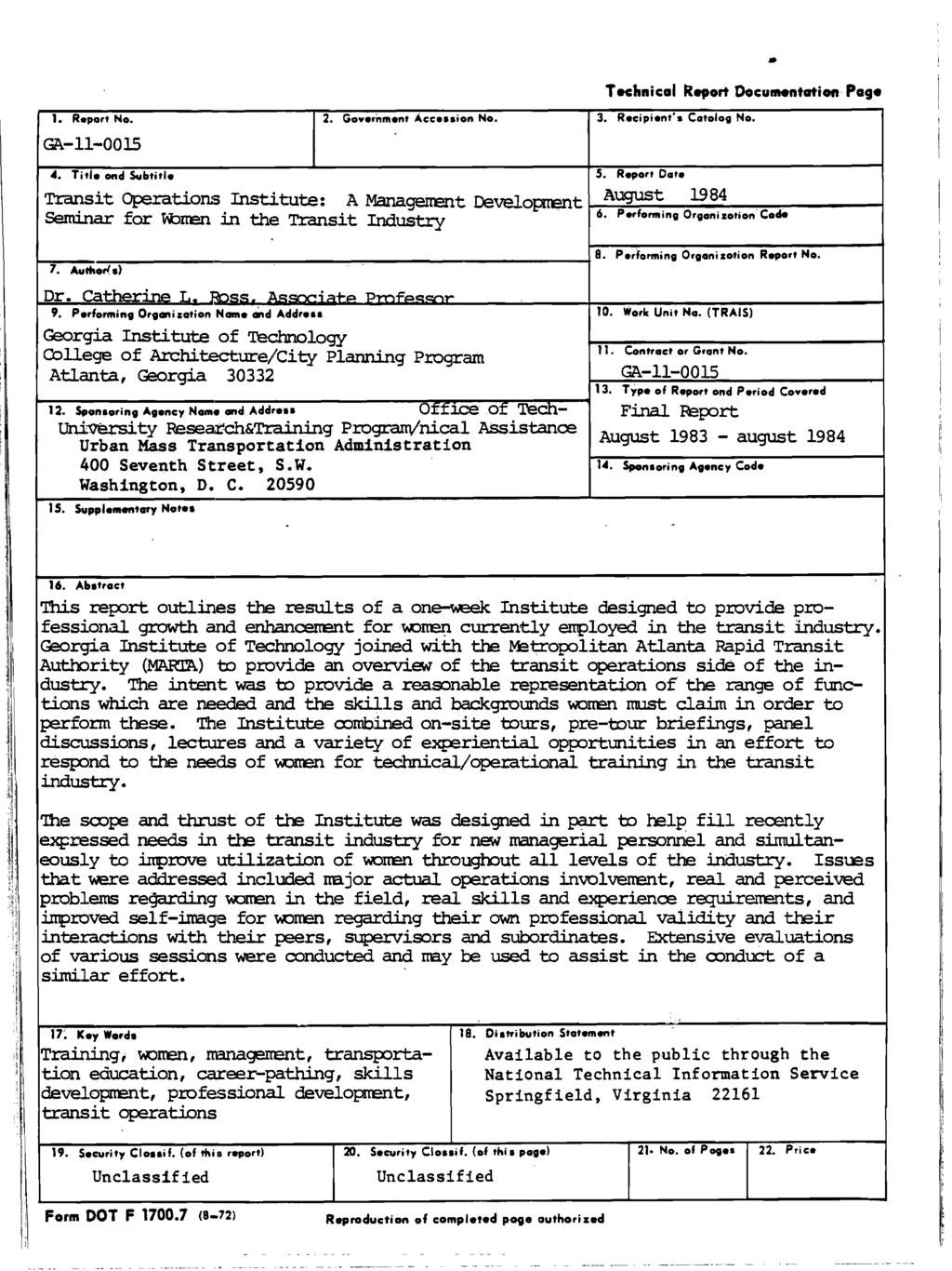 Technical Report Documentation Page 1. Report No. GA11-00I5 2. Government Accession No. 3. Recipient's Catalog No. 4. Title and Subtitle Transit Operations Institute: A.