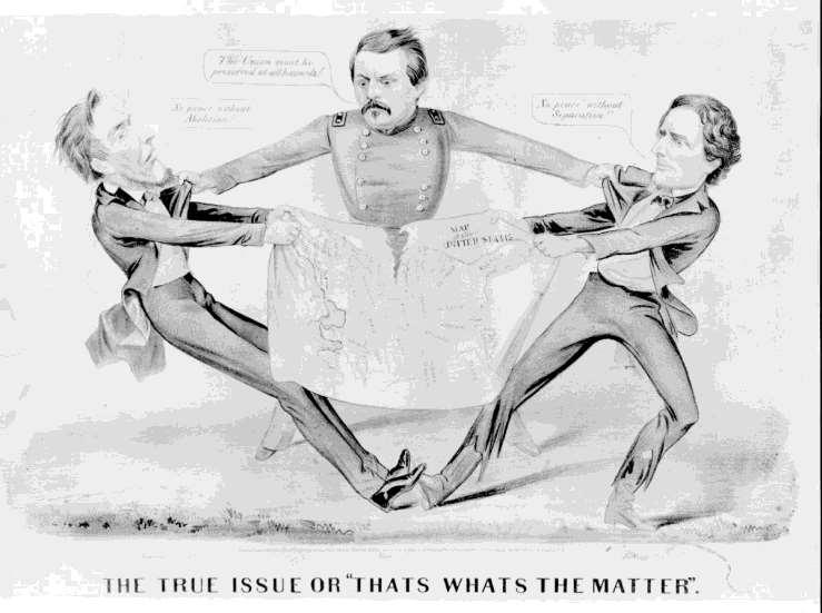 The Election of 1864 Cartoon depicts Lincoln on the left saying, No peace without abolition, Davis on the