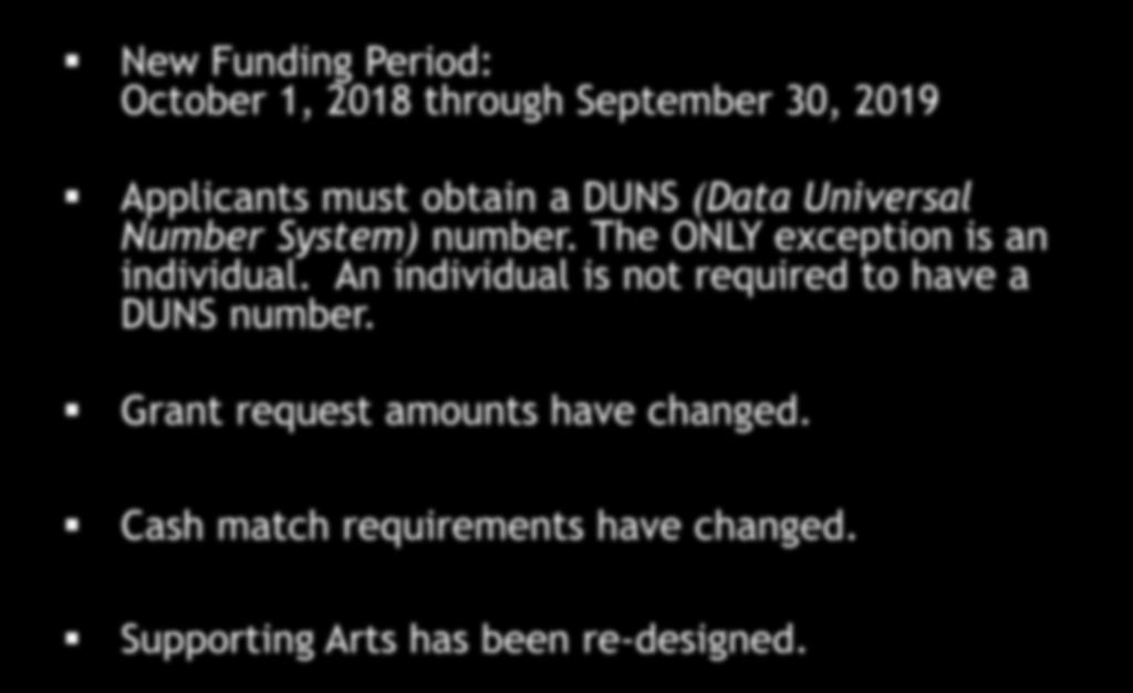 New for FY2019 New Funding Period: October 1, 2018 through September 30, 2019 Applicants must obtain a DUNS (Data Universal Number System) number.