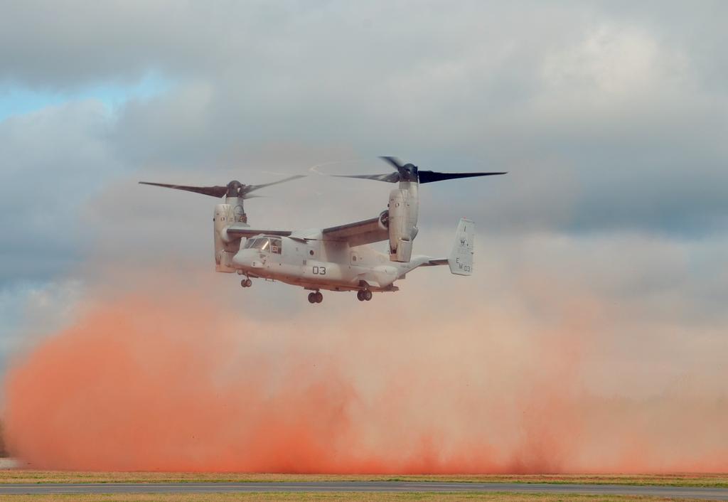 Pararescue Jumpers and Combat Rescue Officers, 920th Rescue Wing, Patrick AFB, FL, conduct joint training with a Marine Osprey tilt-rotor aircraft at the Guardian Center training facility March 11,