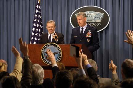 Chapter I Secretary of Defense Donald H. Rumsfeld calls on a reporter during a Pentagon press briefing with Chairman of the Joint Chiefs of Staff Gen. Richard B. Myers.