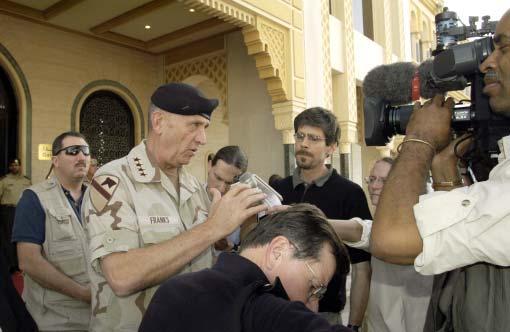 Joint Public Affairs Responsibilities Army Gen. Tommy Franks, Commander of US Central Command, speaks with reporters outside a hotel in Abu Dhabi, United Arab Emirates. p.