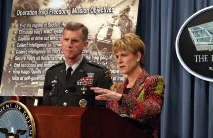 Chapter III Assistant Secretary of Defense for Public Affairs Victoria Clarke and MG Stanley A. McChrystal, US Army, brief reporters on objectives of Operation IRAQI FREEDOM.