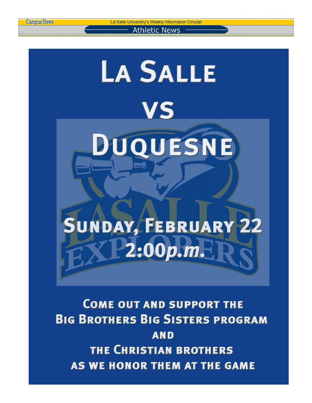 Cam usnews La Salle University's Weekly Information Circular Athletic News Page 13 LA SALLE vs DUQUESNE SUNDAY, february