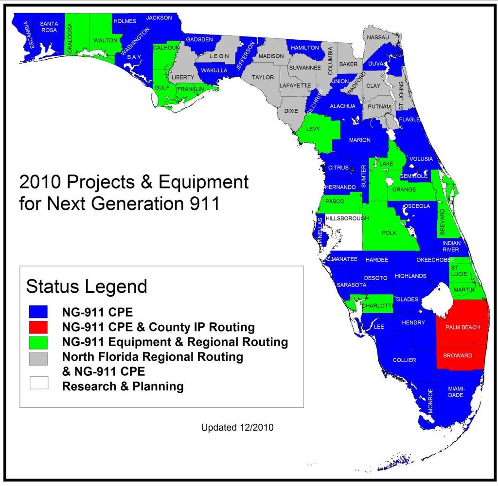 The second map indicates the status of all county systems relating to NG-911 initiatives. These projects are in various implementation stages from initial design to final completion.